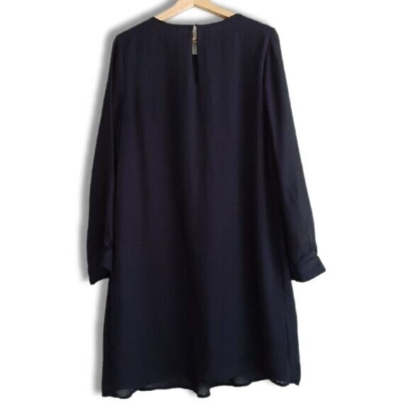 H&M / A-Line Sheer Sleeve Pleated Scoop Neck Knee Length Dress Navy Sz 14 - Picture 5 of 10